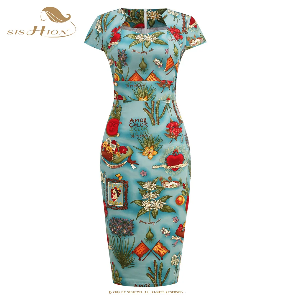 

SISHION 50s Short Sleeve Polka Dot Floral Print Retro Dress VD2839 Cotton Vintage Retro 2022 Summer Women Pencil Sexy Dresses