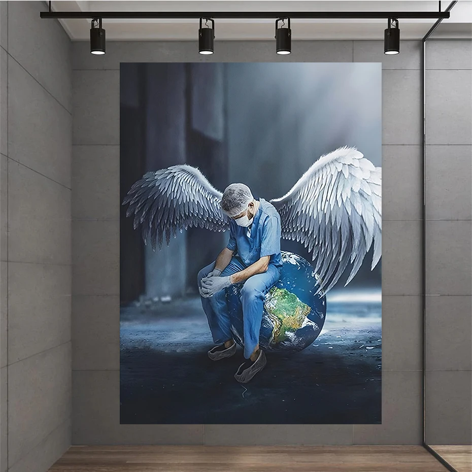 

Abstract Angel Saves The Earth Art Posters and Prints Creative White Wings Canvas Painting for Living Room Decor Wall Pictures