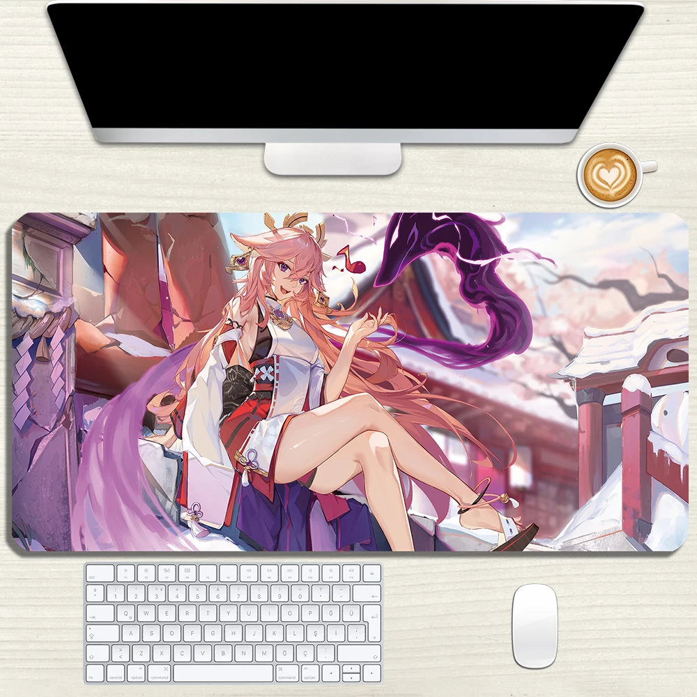 

Игровой коврик для мыши Genshin Impact Yae Miko lnazuma Guuji Yae, резиновый коврик для мыши с розовой лисой и застежкой по краям, геймерская мышь