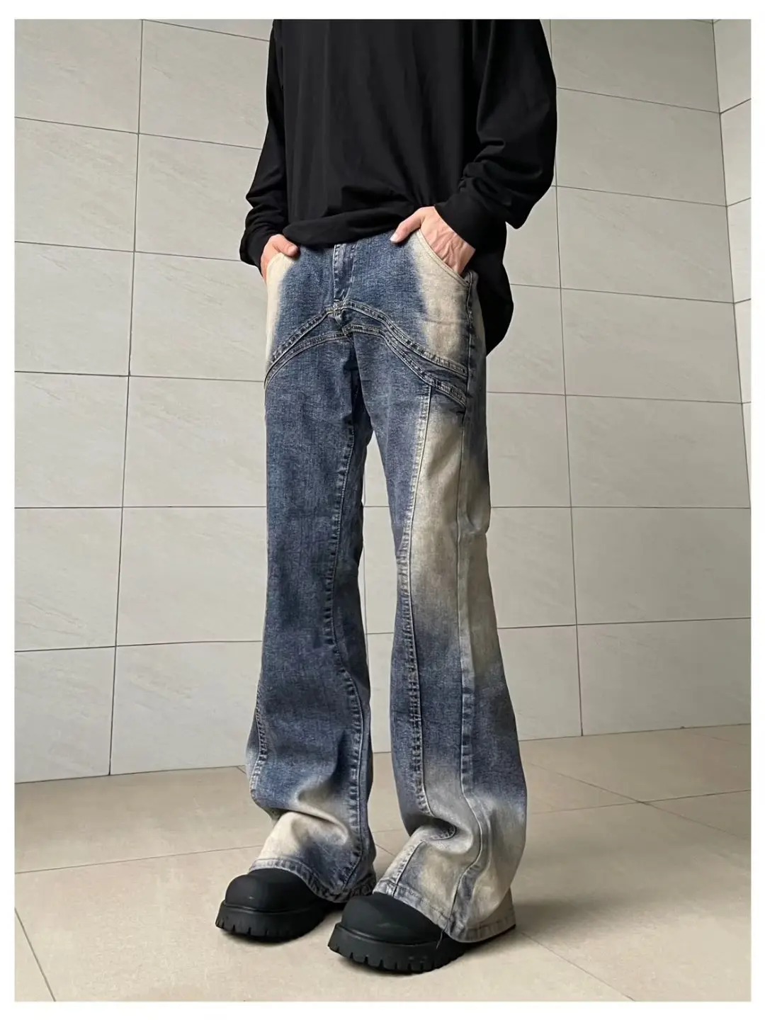

2023 Autumn and winter tide brand high street yellow mud dyed micro cropped jeans men retro gradient color straight pants