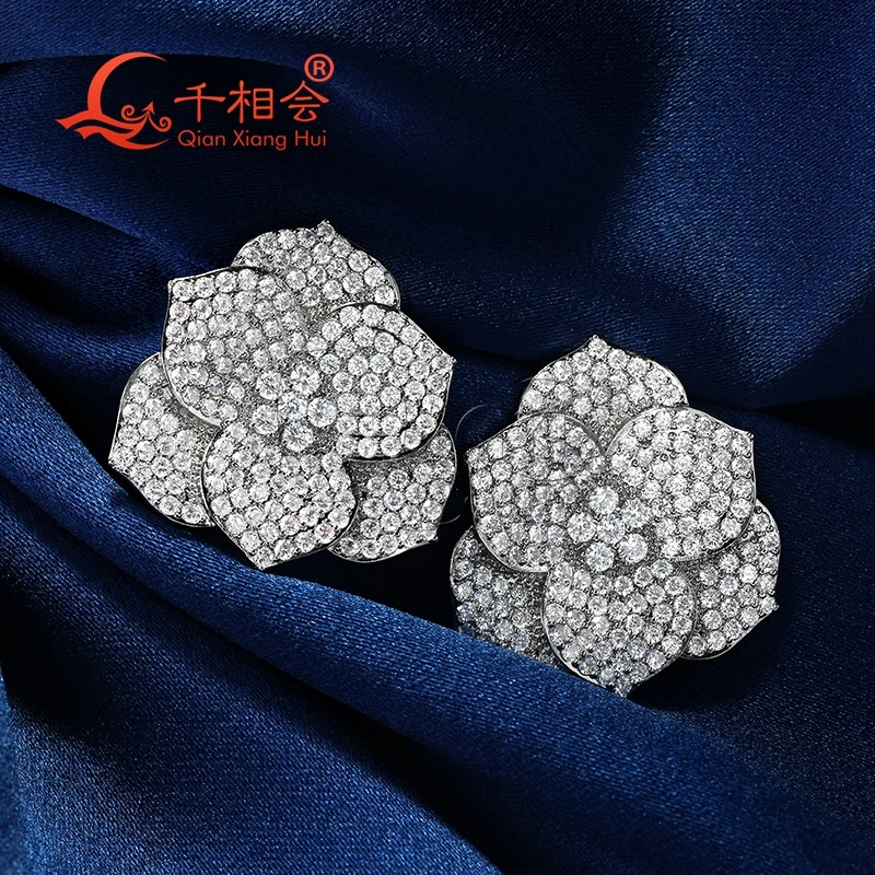 37*37mm big flat flowers S925 silver   earrings ear stud D vvs white moissanite stone Earring earrings jewelry woman gift