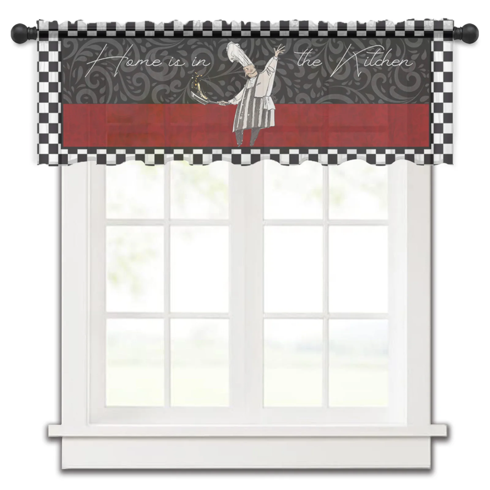 

Black Checkered Kitchen Food Retro Kitchen Small Curtain Tulle Sheer Short Curtain Bedroom Living Room Home Decor Voile Drapes