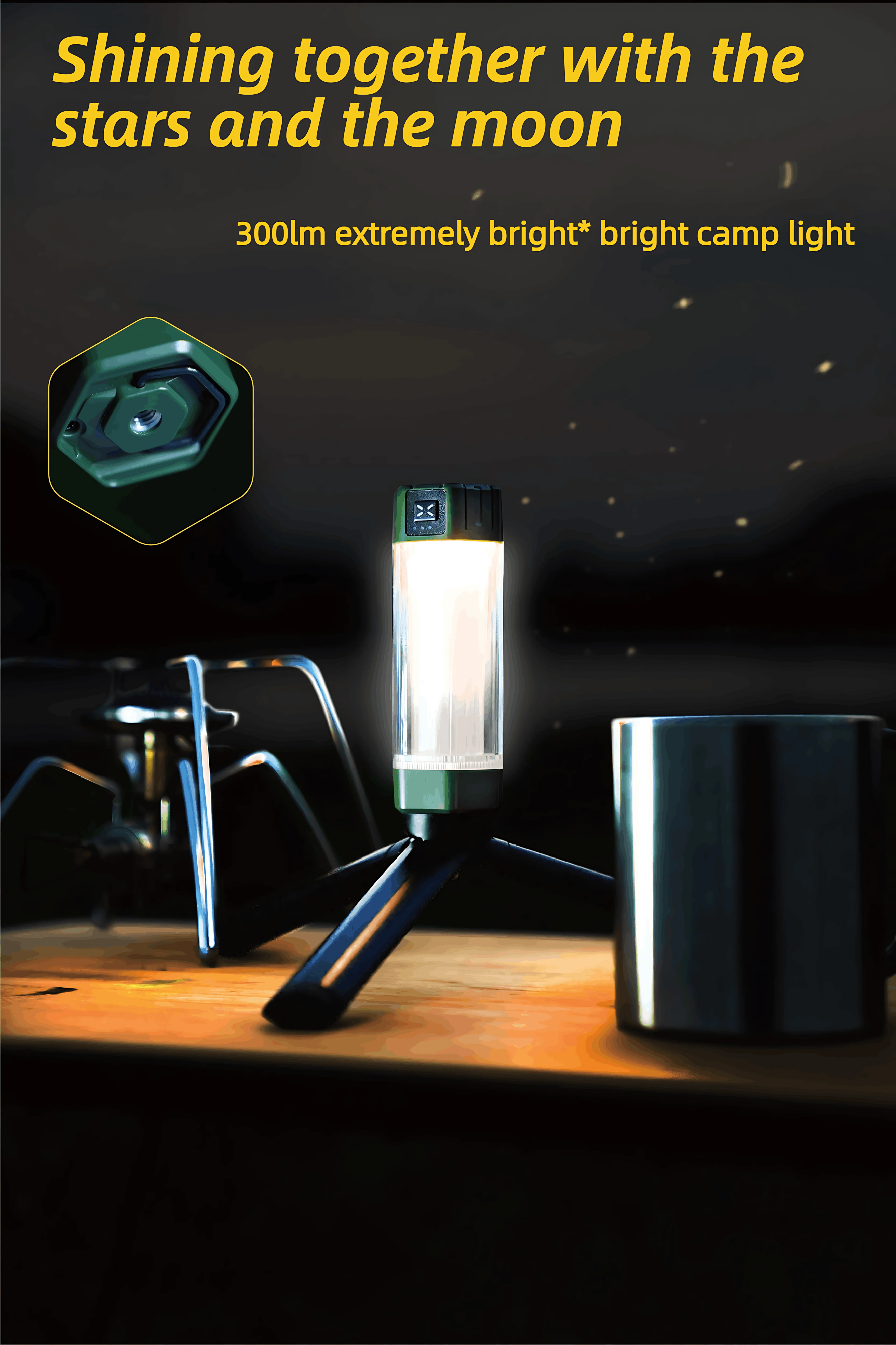 Фото Походный фонарь LED 2в1 аккумуляторный фонарик 2000mAh Type-C 5 режимов белый теплый фокусируемый мощный 300 люмен дальнобойный крючок + штатив портативный №2