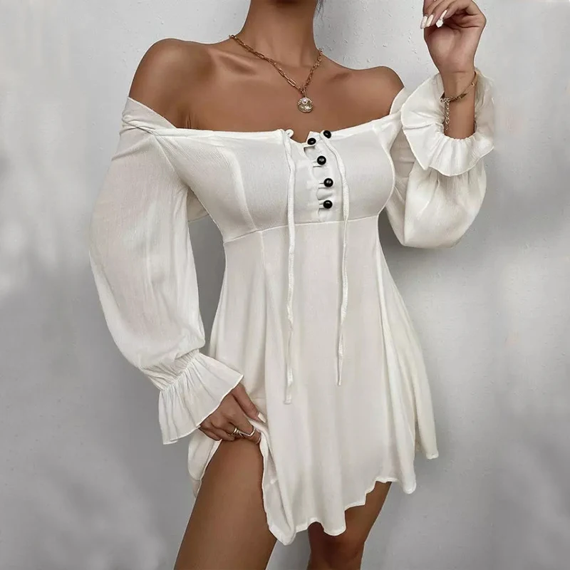 

Новинка весна-осень Сексуальное Милое однотонное Бандажное платье на пуговицах женское повседневное модное мини-платье с длинным рукавом ...