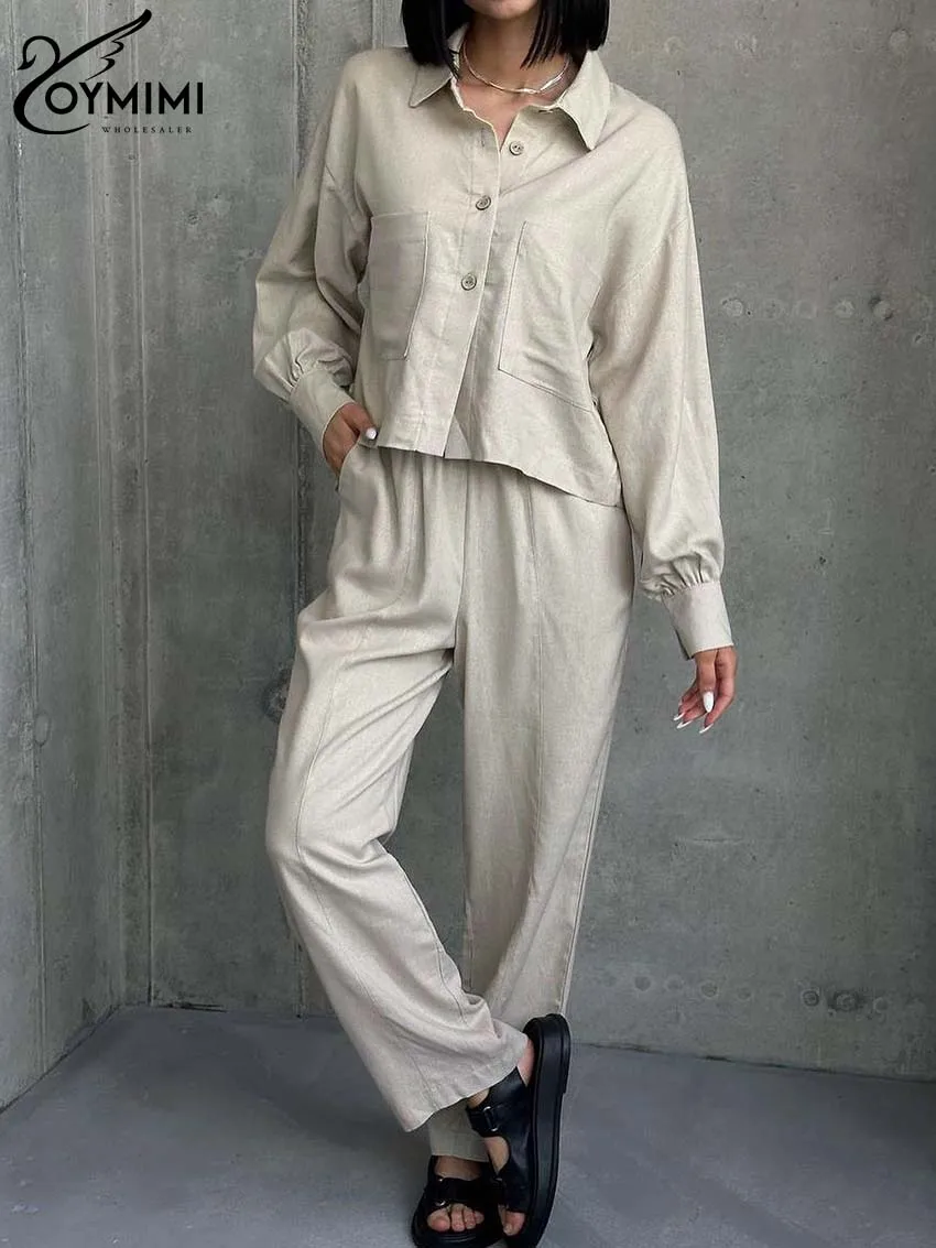

Oymimi Elegant Light Khaki 2 Piece Sets Women Outfit Fashion Long Sleeve Single-Breasted top + High Waist Simple Pants Homewear
