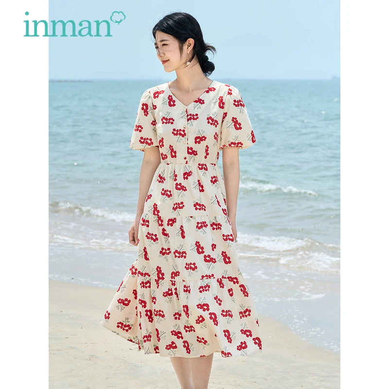 INMAN Women Dress 2023 Summer Puff Sleeve V Neck A-shaped Loose Red Flower Print Cute Sweetness Long Skirt