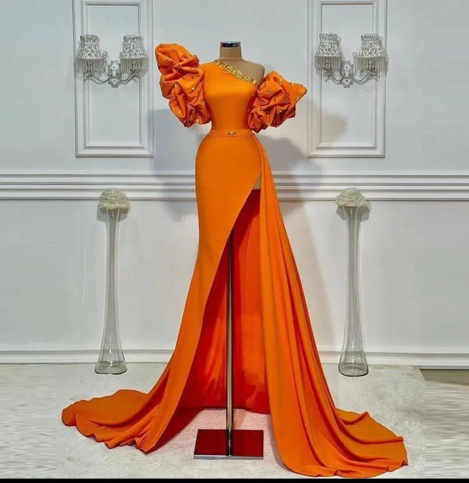 

Orange One Shoulder Evening Dresses Long 2022 Bead Ruffle Puffy Sleeves High Slit Orange Women African Black Girl Prom Gowns