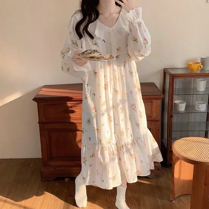 

Одежда для сна, ночная рубашка, ночная Осенняя длинная кружевная Женская пижама с цветочным принтом и рукавом, домашняя одежда, корейское платье с оборками