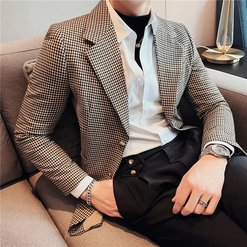 

Top Quality 4XL-M Plus Size Fashion Houndstooth Suits For Men Clothing 2022 Slim Fit Business Casual Formal Wear Blazer Jackets