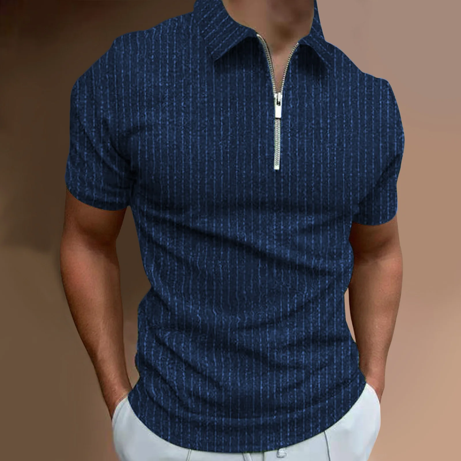 Mens Polo Shirt 2022 New Casual Slim Short Sleeve Striped Zipper Lapel T Shirt Solid Color Polo Shirt Men Oversize