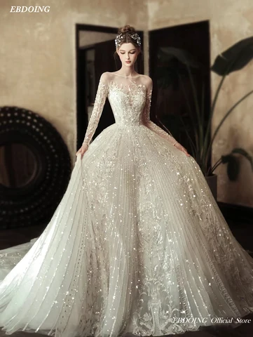 Новейшее свадебное платье трапециевидной формы для невесты, кружевное платье с бусинами, длинными рукавами и вырезом на спине, на заказ, большие размеры, Vestidos De Noviass