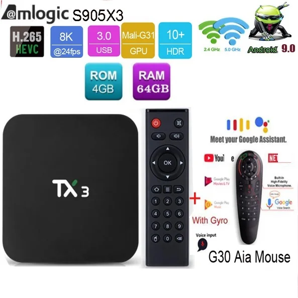 

ТВ-приставка Tanix TX3 Amlogic S905X3 Android 9 четырехъядерная 2,4G/5 ГГц Wifi BT H.265 8K медиаплеер опционально g10/g30/mx3 air mouse