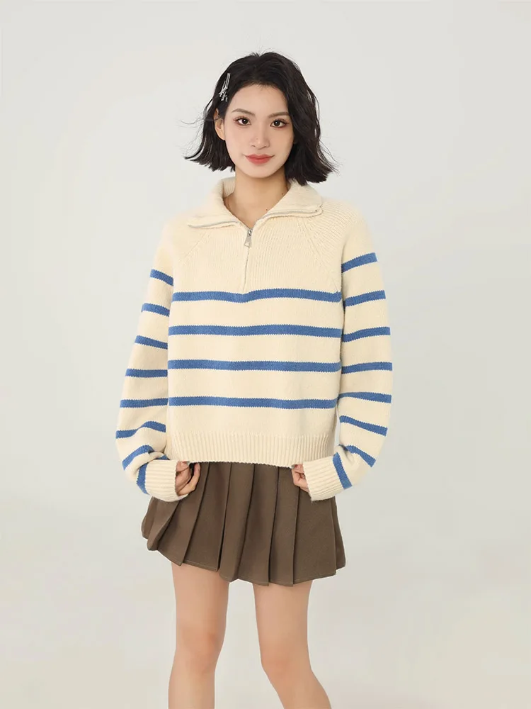 Полосатый пуловер с воротником-поло на молнии свитер женский осенне-зимний