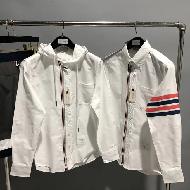 High quality Spring and Summer TB Red White and Blue Color Strip Zipper Hooded Four-bar Oxford Spinning Casual Shirt White Shirt