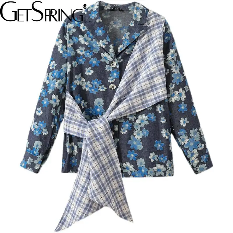

Getspring Women Shirt Patchwork Asymmetry Printing Blouse Tops Plus Size Irregular Long Sleeve Shirt Autumn Women's Clothing