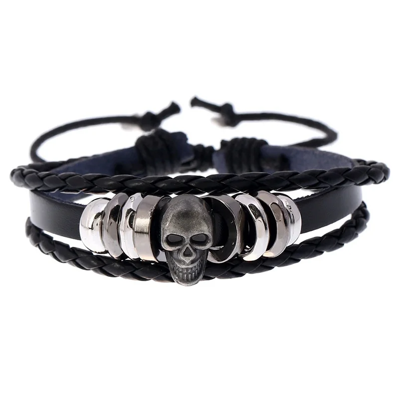 

Domineering Skull Punk Hip Hop Bracelet Fashion Personality Beaded Men's Leather Bracelet Simple Banglet Wholesale