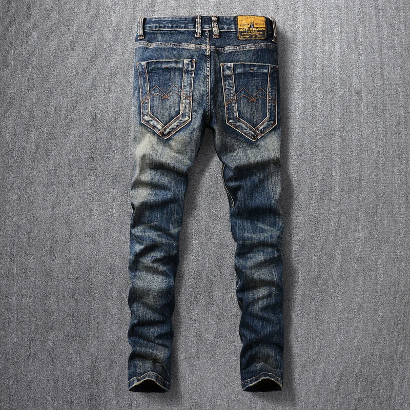 Fashion Trendy Men Jeans Retro Black Blue Elastic Stretch Slim Fit Ripped Jeans Homme Embroidery Patched Vintage Denim Pants Men