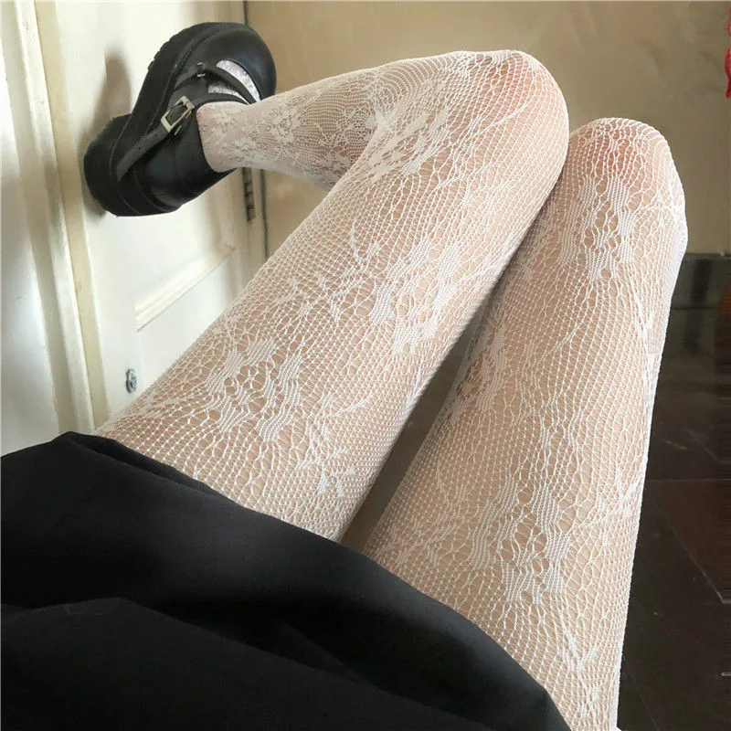 Lolita Hollow Out Floral Lace Pantyhose Solid See-Through Vintage Net Stockings Fishnet Kawaii Stockings for Women Black Tights