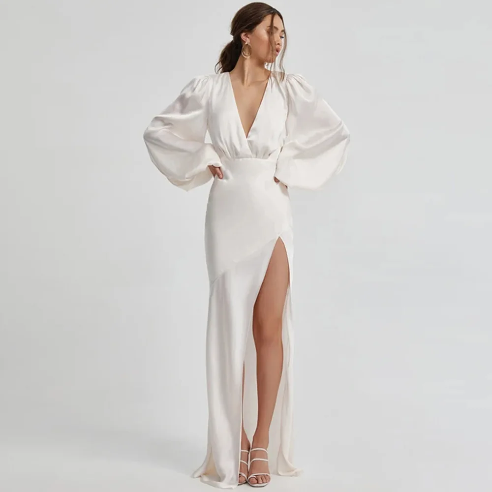 

2022 New French Style Retro Elegant Goddess Temperament Hepburn Lightly Mature Long Dress Sexy V-neck Puff Sleeve Dress