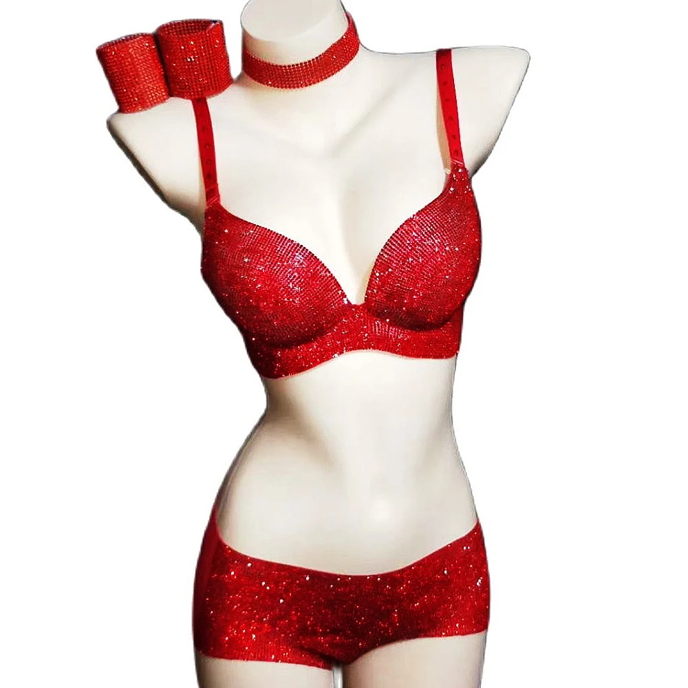 

Glitter Diamonds Women Bra Shorts Bikini Sets Nightclub Leotard Singer Performance Stage Wear Outfits Jazz Dance Costumes