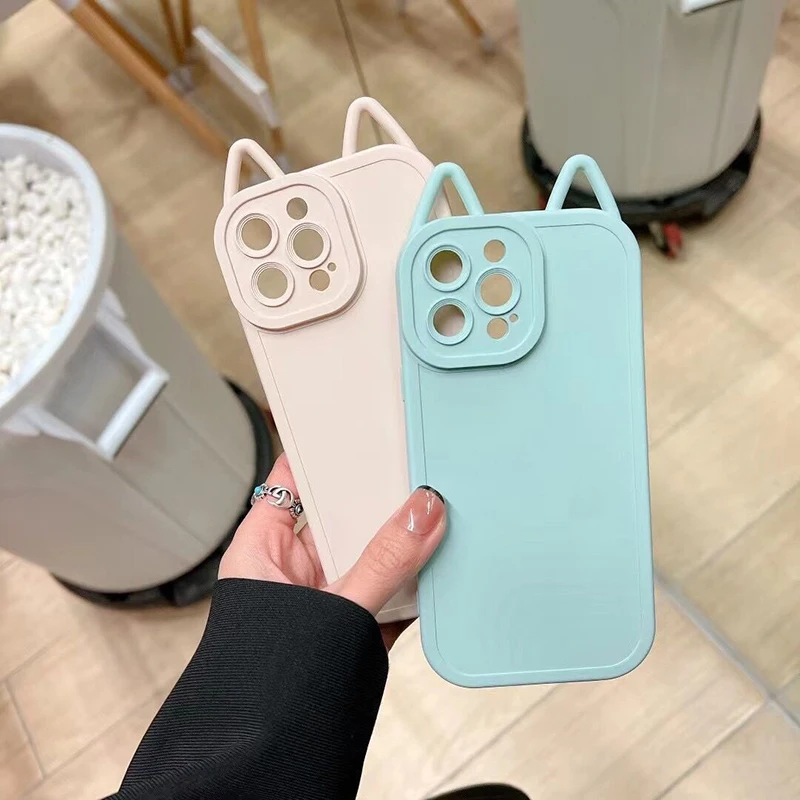 Simplicity Solid Color Cat Ears Silicone Soft Phone Case For Iphone 13 12 11 Pro Max X Xr Xs Max Lens Full Wrap Protective Cover