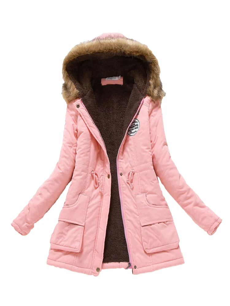 Women Coat Pink Black Khaki Plus Wool Fur Hooded Parkas 2023 Autumn Winter New Fashion Thick Warmth Jacket Long Loose Slim Coats