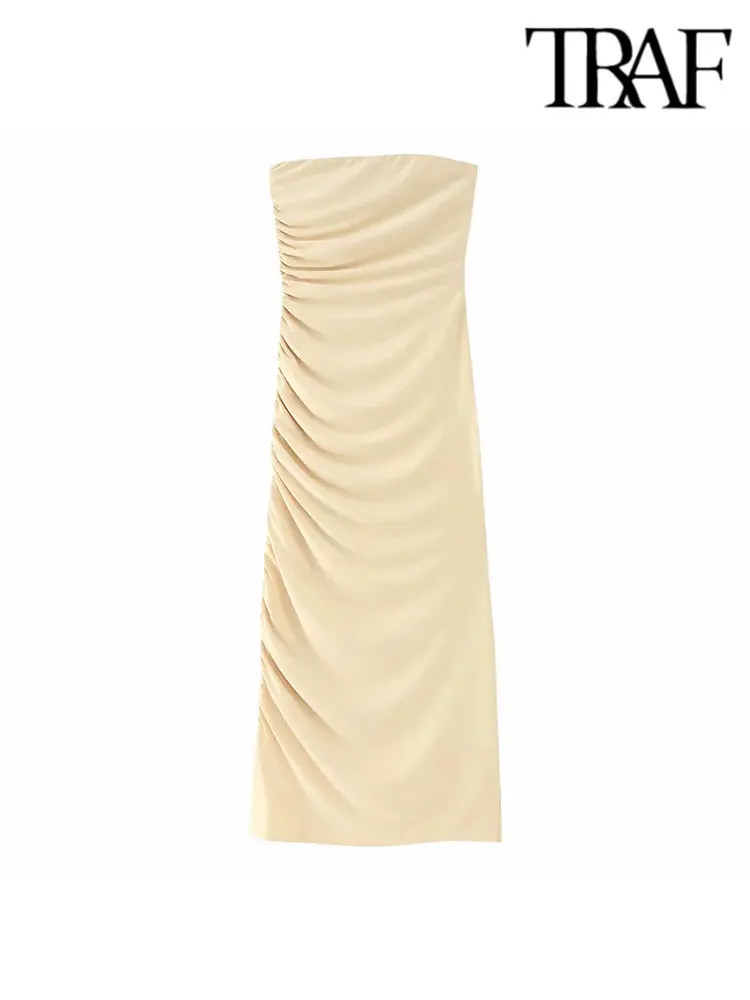 

TRAF Summer Sexy Women Strapless Dress With Ruched Sleeveless Backless Zipper Side Skinny Female Midi Long Dresses