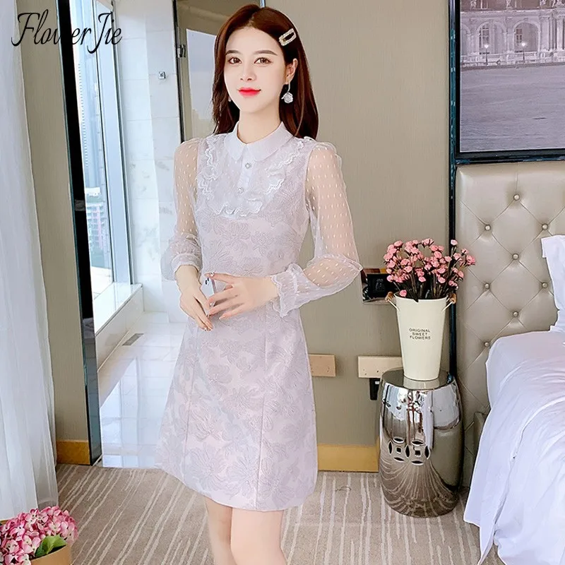 

Flower Jie Spring Summer Dress Women Patchwork Lace Long Sleeve Korean Elegant Vestido Casual Floral Party Mini Dresses Ladies