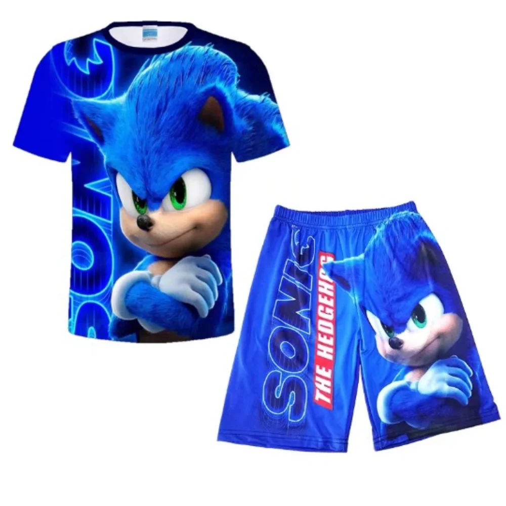 

New Boys and Girls Super Sonic T-shirt Harajuku Sonic Print Suit T-shirt + Shorts Fashion Street Style Children's Short Sleeves