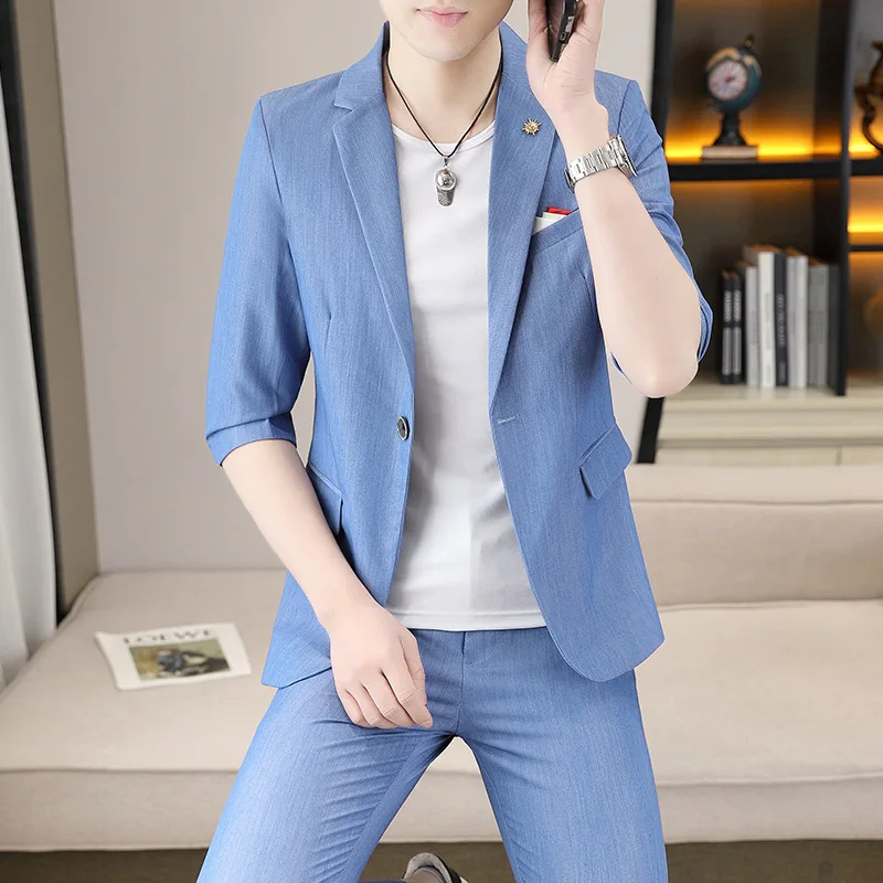 

2023 Men's Summer Thin Solid Color Half Sleeves Suit Cropped Pants with Suit Two Pieces