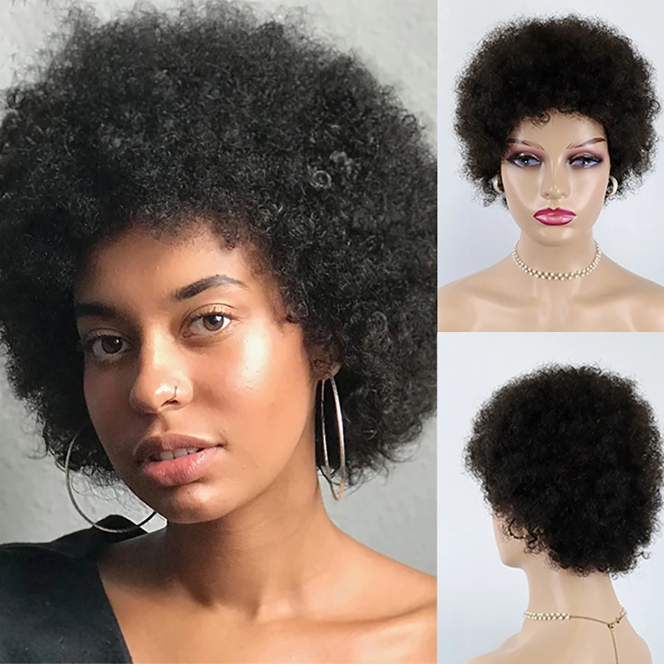 

Afro Human Hair Wig Sassy Fluffy Curl Wigs for Women Kinky Curly Bang Wigs Glueless Machine Made Bob Wig Perruque Cheveux Humain