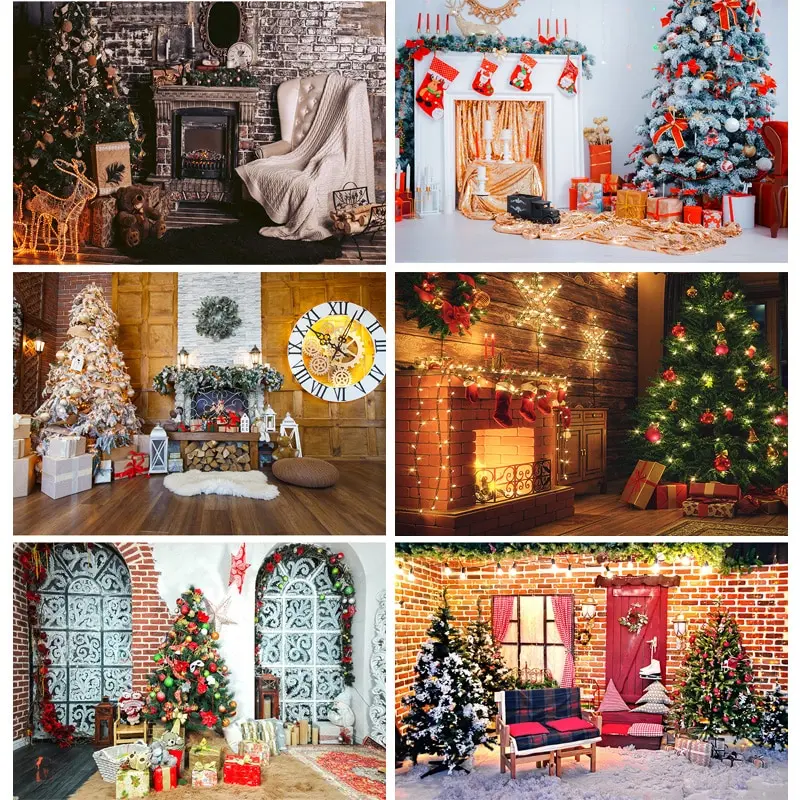 SHUOZHIKE Art Fabric Christmas Day Photography Backdrops Prop Tree Fireplace Photographic Background Cloth CHM-017