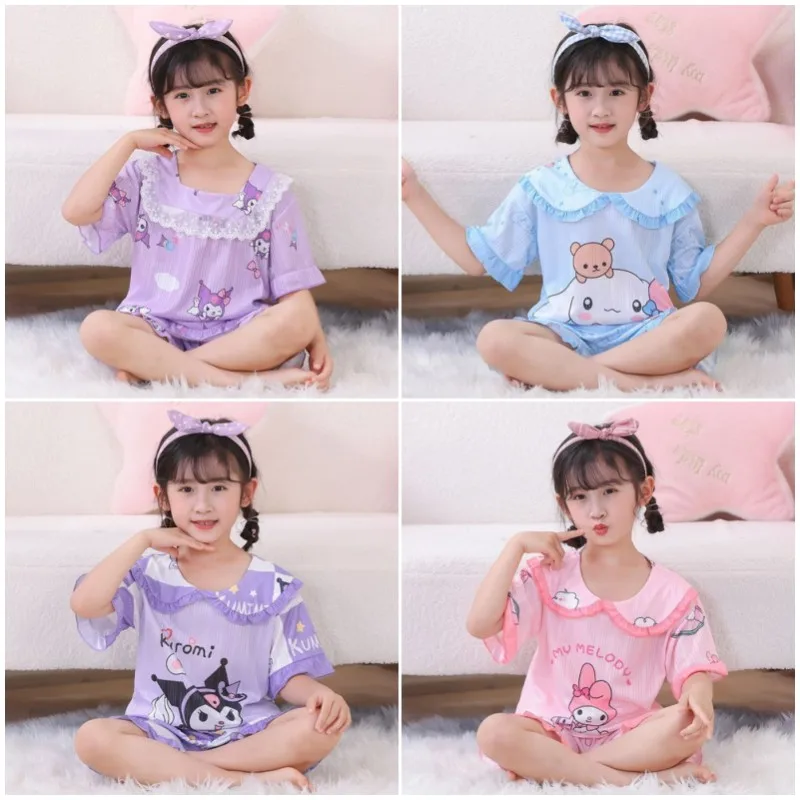 

Sanrio Kawaii Anime Cinnamoroll Kids Pajamas Cartoon Kuromi My Melody Girl Short-Sleeved Pajama 2Pcs-Set Summer Home Clothes