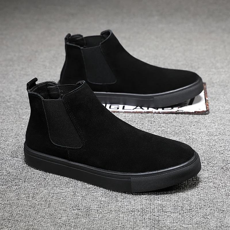 

men casual breathable chelsea boots black trend flats shoes handsome cowboy platform boot cow suede leather ankle botas hombre