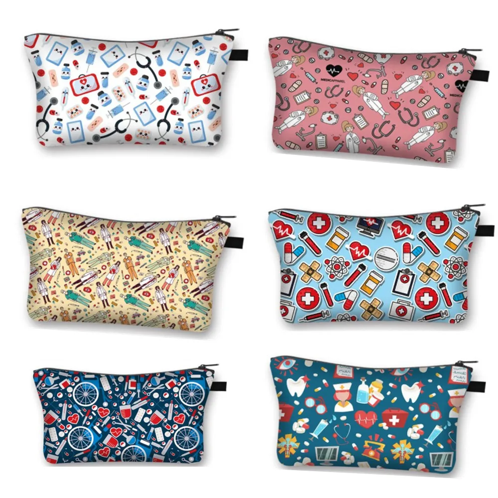 

Four Nurse Cartoon Printed Cosmetics Bag Cute Storage Bags Pencil Box Portable Travel Bags Fashion Women's Bag Makeup Tool Kit