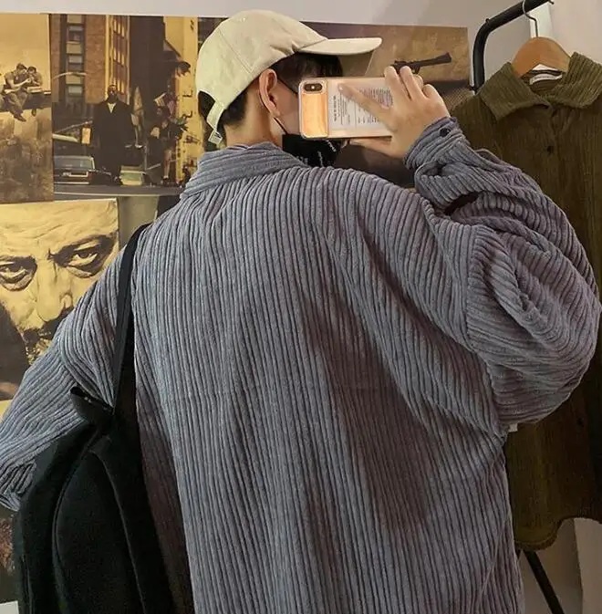 Retro Corduroy Shirt Men Loose Shirts Spring Autumn Student  Corduroy Outwear