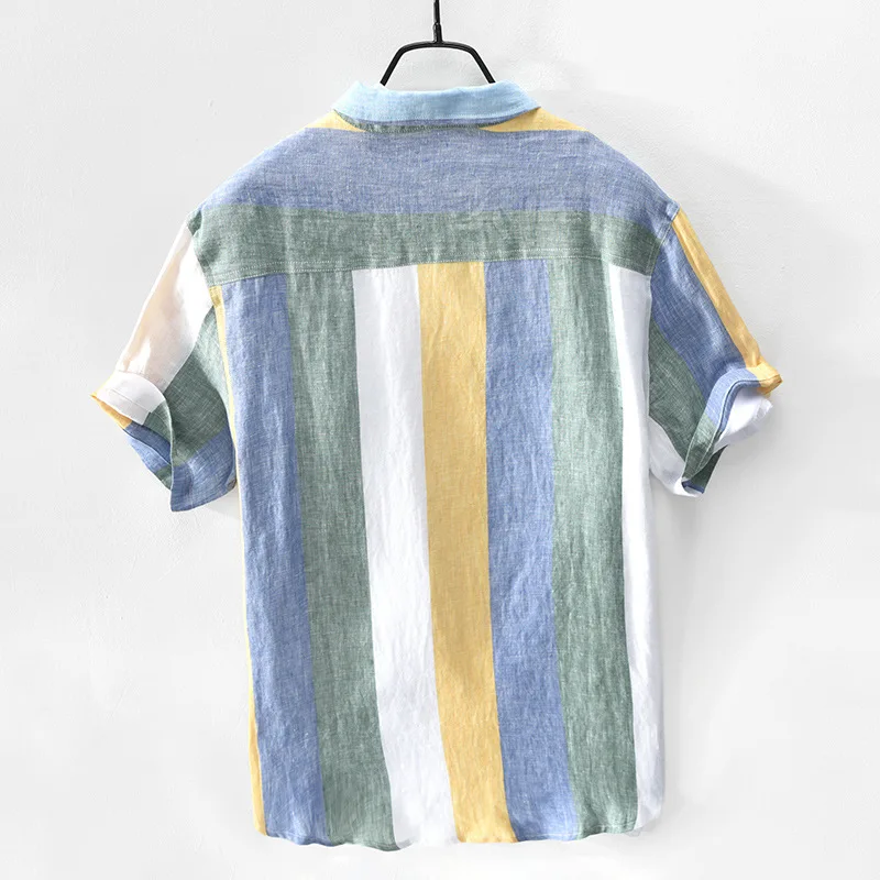 Top Selling Product In 2022 New Summer Linen Striped Shirt Casual Fashion Men's Short Sleeve Stand Collar Shirt Men's Clothing