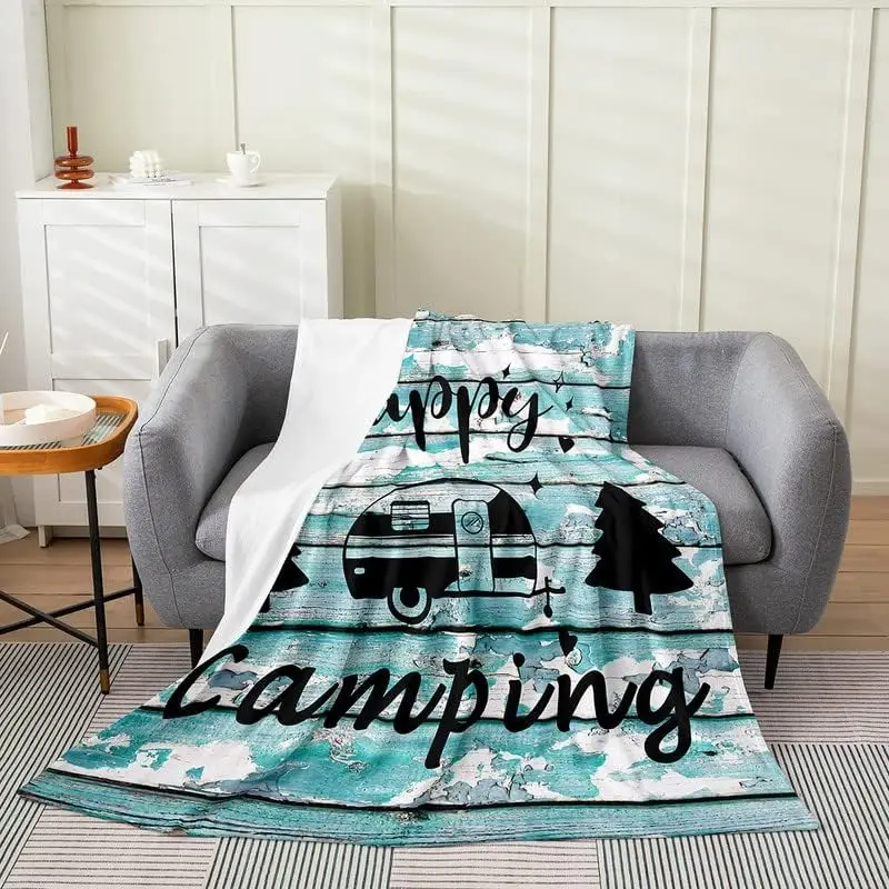 

Camper Plush Throw Blanket, Happy Camping All Season Bed Blanket, Rustic Wooden Blue White Flannel Fleece Blanket, Gift