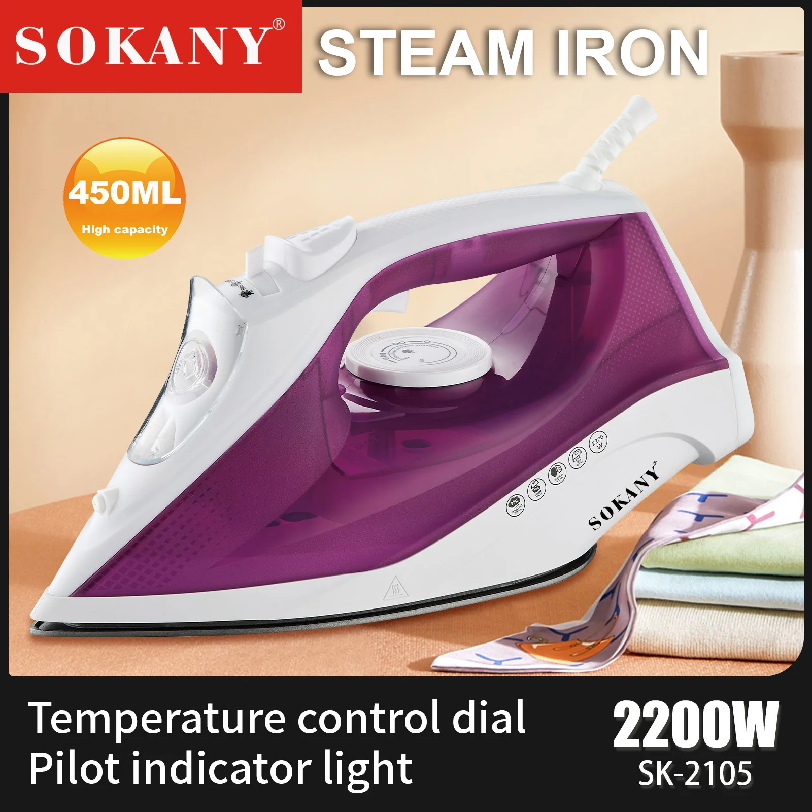

Ceramic Soleplate Steam Iron for Clothes 2200 Watts Ironing, 450ml Water Tank Fabric Steamer, Garment Steamer, Powerful Steam