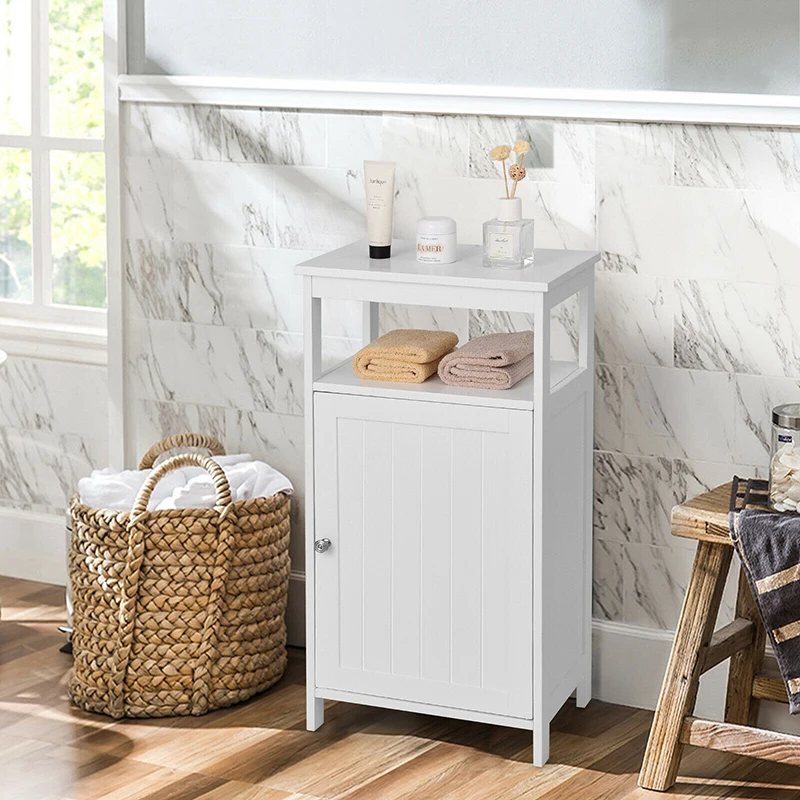 

Elegant White Bathroom Wooden Floor Cabinet Multifunction Storage Rack 3 Adjustable Shelf MDF Material Bathroom Cabinets