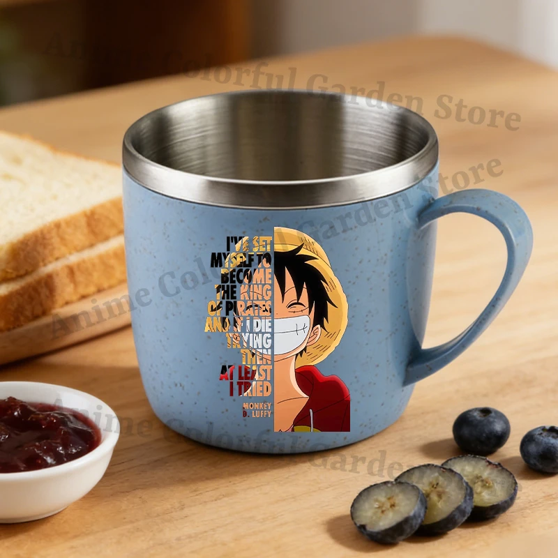 Фото Бутылка для воды из нержавеющей стали One Piece для мальчиков и девочек, с аниме-принтом, милая, с подставкой для зубной щетки, портативная, модная, детская кружка для воды №3