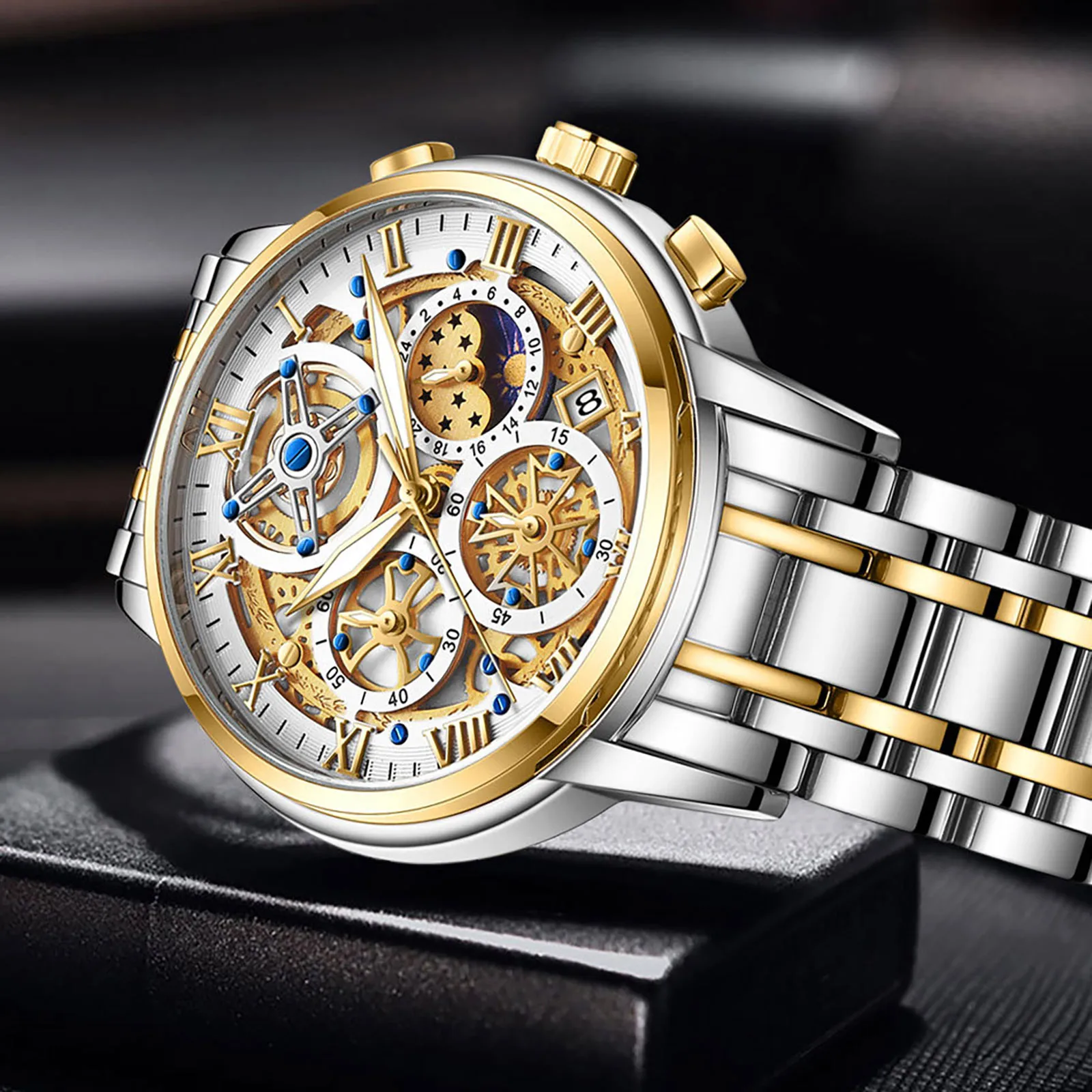 

Часы наручные мужские кварцевые, брендовые Роскошные модные деловые часы-скелетоны из нержавеющей стали, золотистые