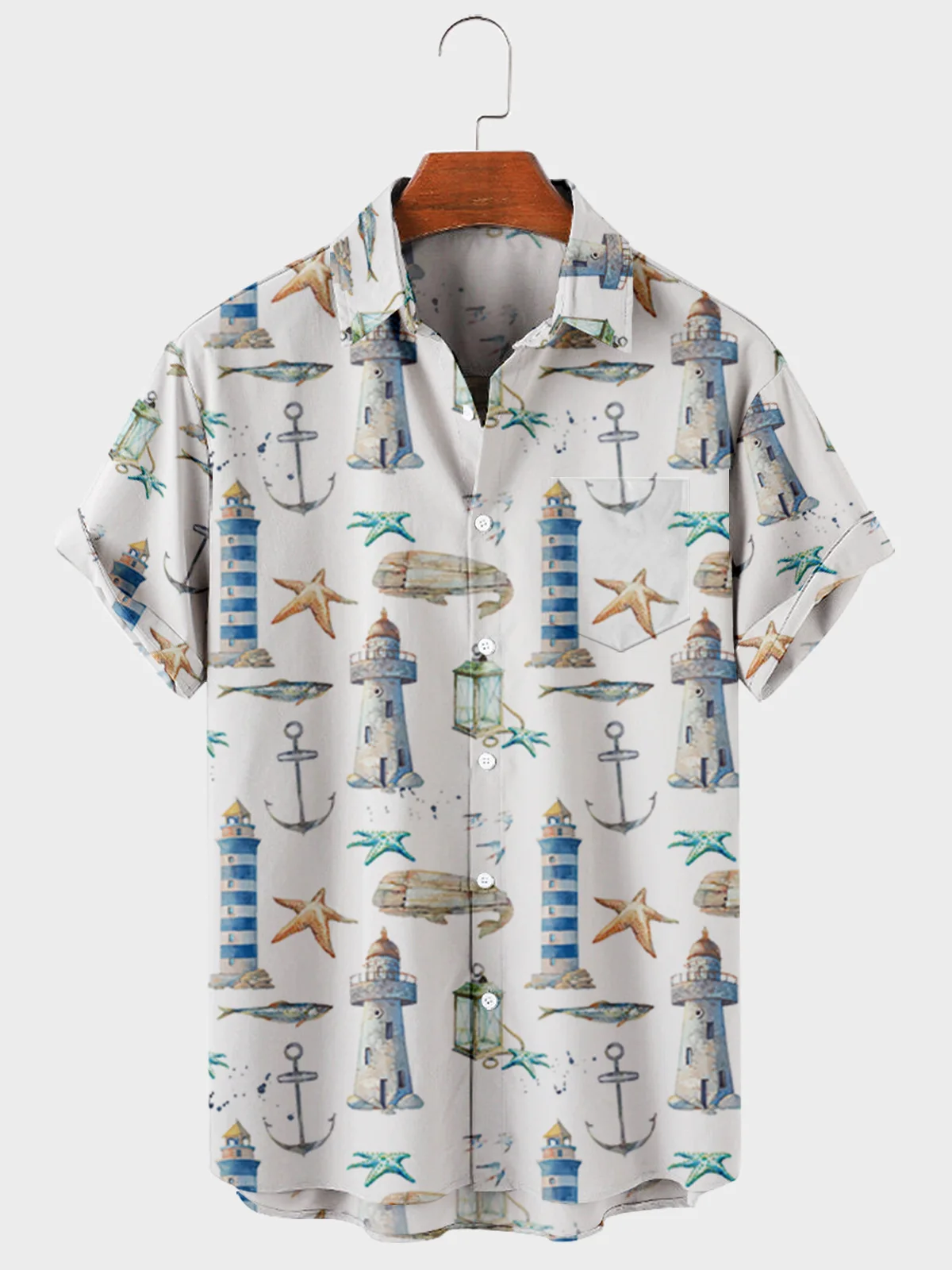 

2021 Men's Casual Trend Harajuku Spring/Summer Nautical Pattern Shirt Short Sleeve Chest Pocket Design Fashion Print Button