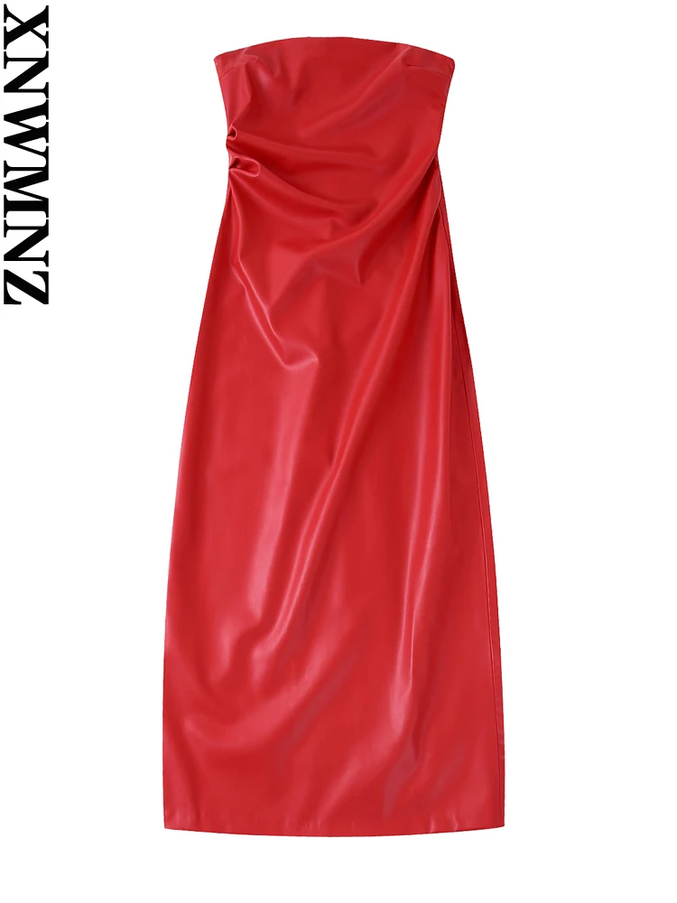 

XNWMNZ Women Fashion Red Faux Leather PU Ruched Strapless Midi Dress Party Straight Neck Back Slit Female Dresses Mujer
