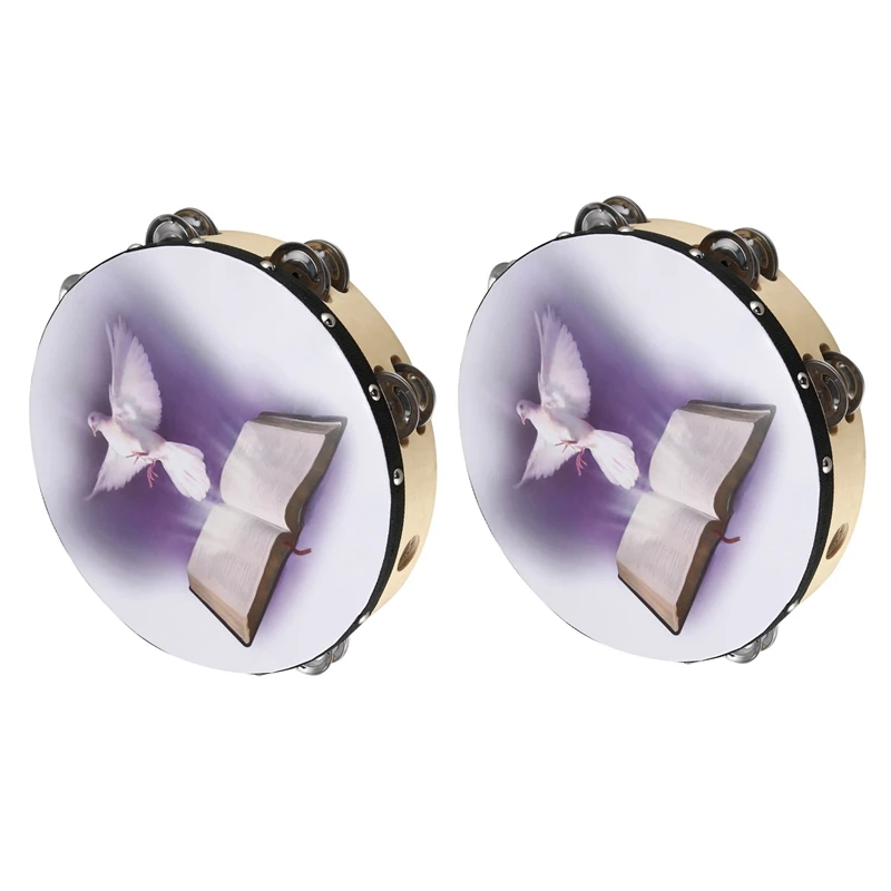 

2X 10Inch Wooden Tambourine Pigeon Bible Music Percussion Instrument Tambourine Double Row Jingle Percussion Instrument