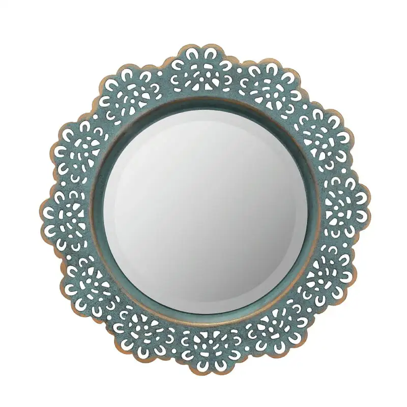 

2023 New 12.5" Turquoise French Country Metal Lace Accent Mirror Decorative Makeup Mirror for Bedroom Desktop Ornaments Mirror H