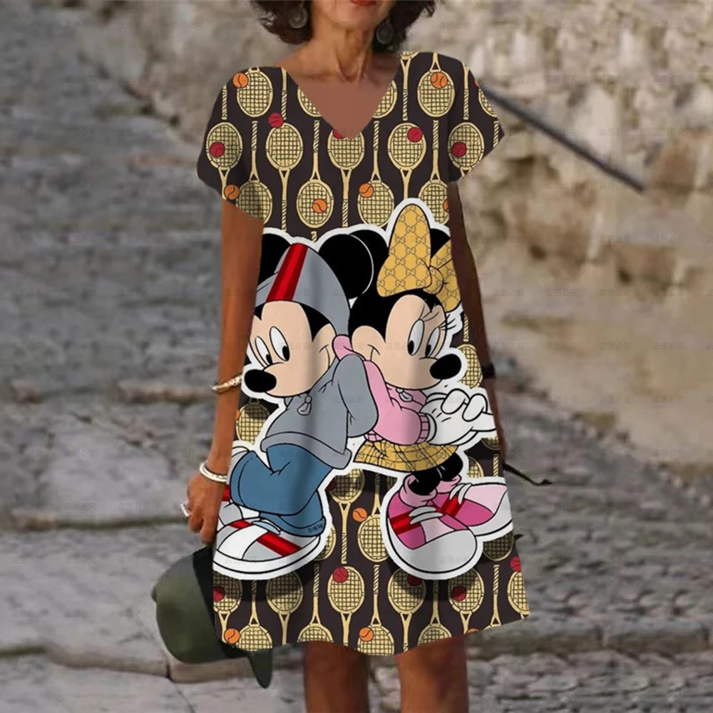 Summer Women's Elegant Disney Minnie Mickey Mouse 3D Printed Dress V Neck Short Sleeves Dress Casual Female Boho Loose Dress images - 6