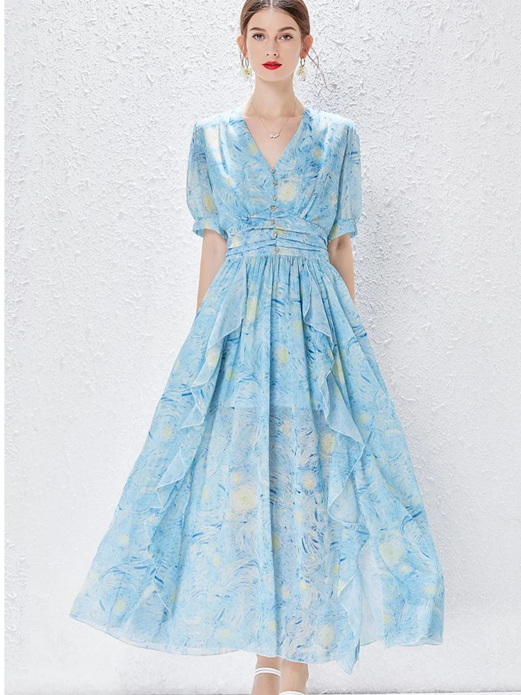 

Retro Starry Print V-Neck Short-Sleeved Elegant Dress Summer Rhinestone Buttons Long Dresses Fashion Korean Women'S Clothing