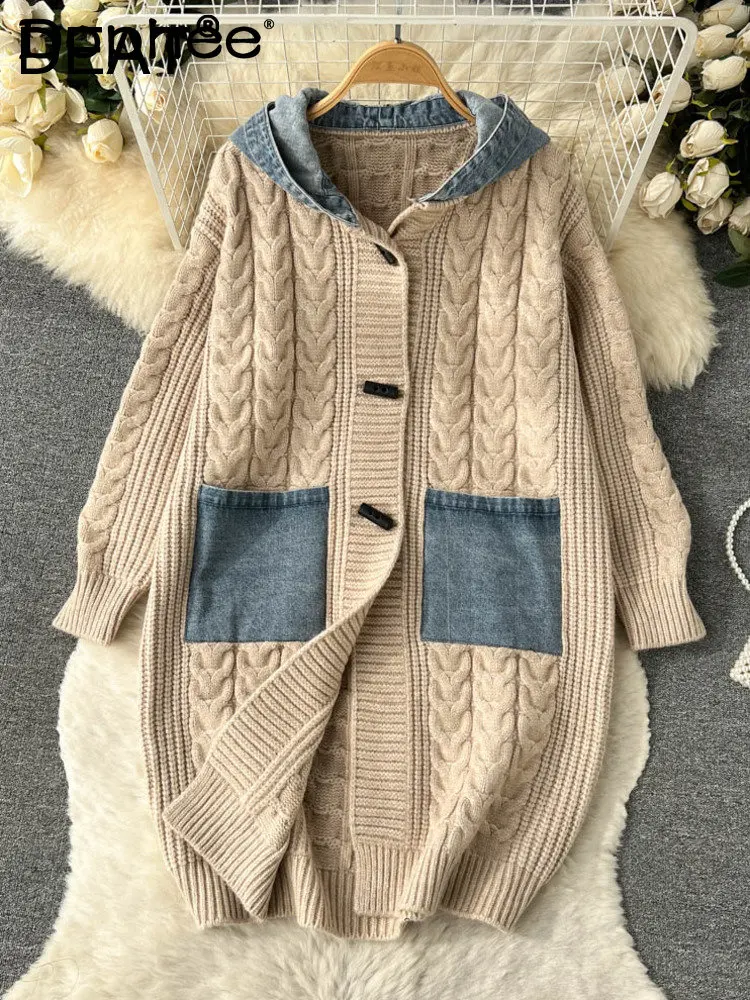 Fashion Contrst Color Patchwork Hooded Sweater Coat Women's Loose Leisure Long Sleeve Knitted Cardigan 2022 Autumn