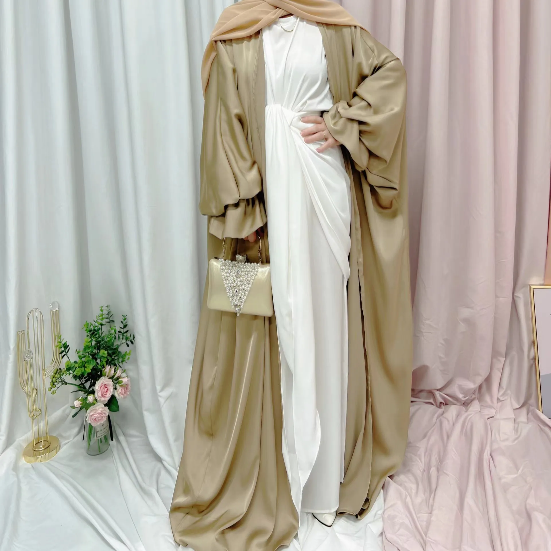 Muslim Women Open Abaya Luxury Robe Puff Sleeve Ramadan Dress Kimono Clothes Turkey Iran Dubai Ramadan Islamic Turkish Girl Wear